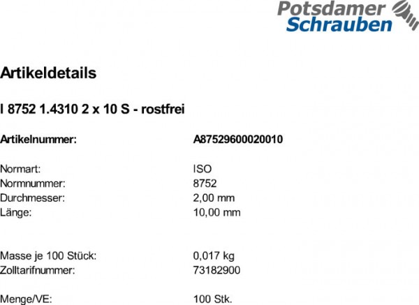 100 Edelstahl Spannstifte ISO 8752 1.4310 2x10