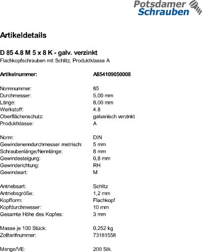 200 Flachkopfschrauben DIN 85 4.8 verzinkt M5x8