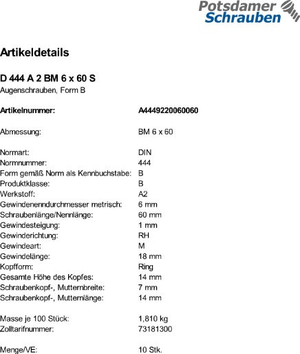 10 Edelstahl V2A Augenschrauben DIN 444 A2 BM6x60