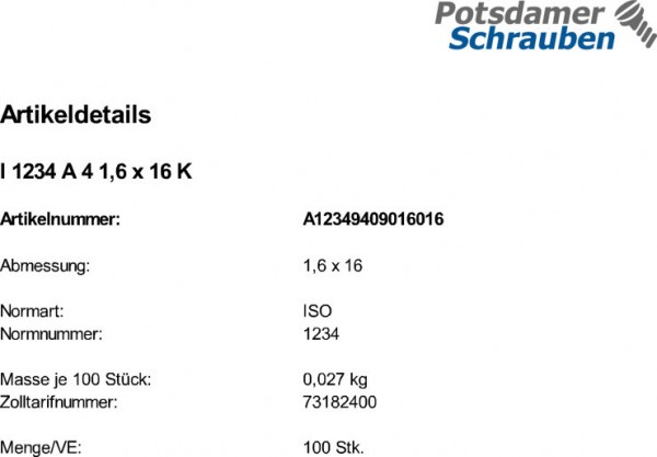 100 Edelstahl V4A Splinte ISO 1234 A4 1,6x16