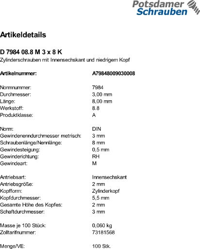 100 Innensechskant Zylinderkopfschrauben niedrig DIN 7984 8.8 schwarz M3x8