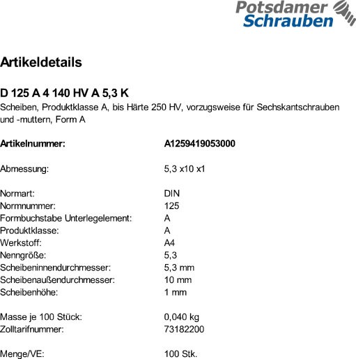100 Edelstahl V4A Unterlegscheiben DIN 125 A4 140HV Form A 5,3 Ø M5