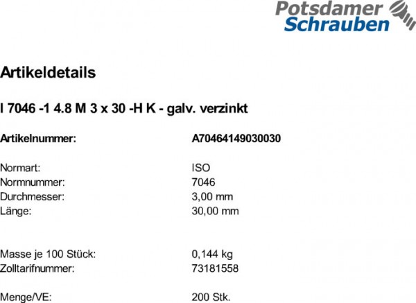 200 Krz. Senkkopfschrauben ISO 7046 -1 4.8 -H verzinkt M3x30