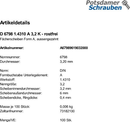 100 Edelstahl Fächerscheiben DIN 6798 1.431 Form A 3,2 Ø M3