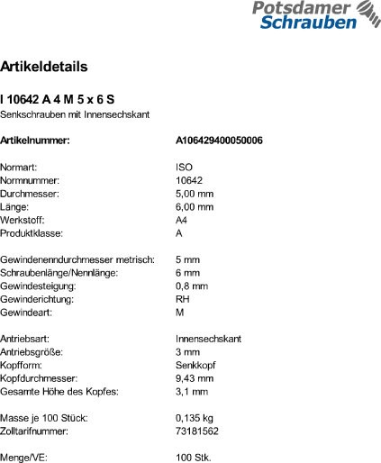 100 Edelstahl V4A Innensechskant Senkkopfschrauben eh. DIN 7991 A4 M5x6