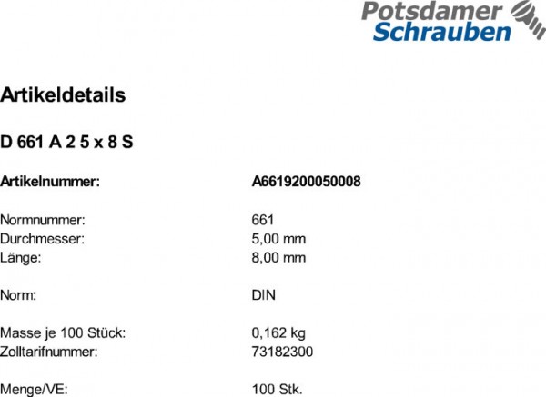 100 Edelstahl V2A Senknieten DIN 661 A2 5x8