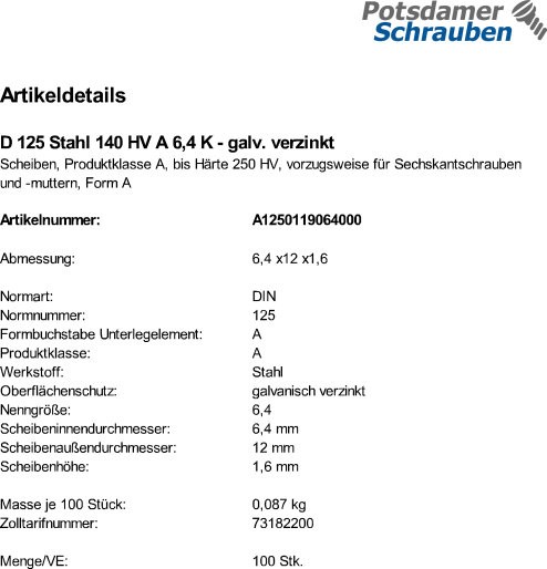 100 Unterlegscheiben DIN 125 verzinkt 140HV Form A 6,4 Ø M6