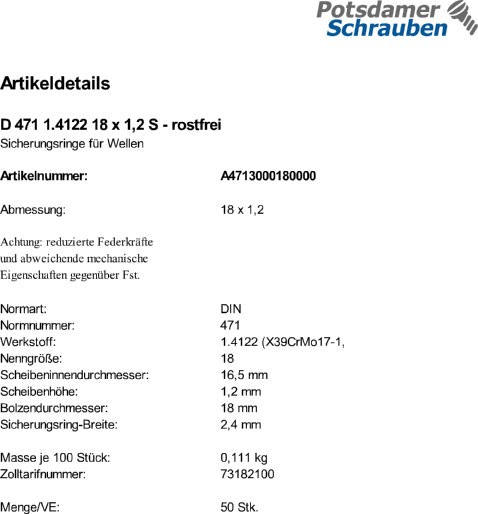 50 Edelstahl Sicherungsringe DIN 471 1.4122 18x1,2