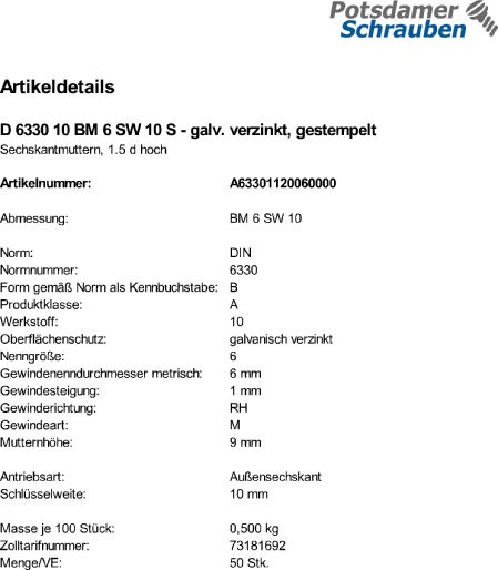 50 Sechskantmuttern DIN 6330 10 BM6 SW 10 verzinkt, gestempelt Stahl