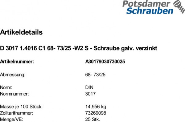 25 Schlauchschellen DIN 3017 1.4016 C1 68- 73/25 -W2 Schraube verzinkt