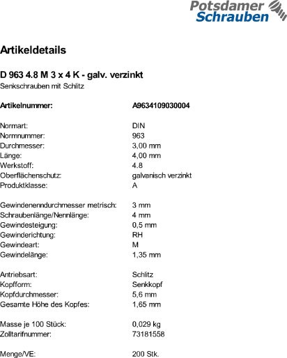 200 Schlitz Senkschrauben DIN 963 4.8 verzinkt M3x4