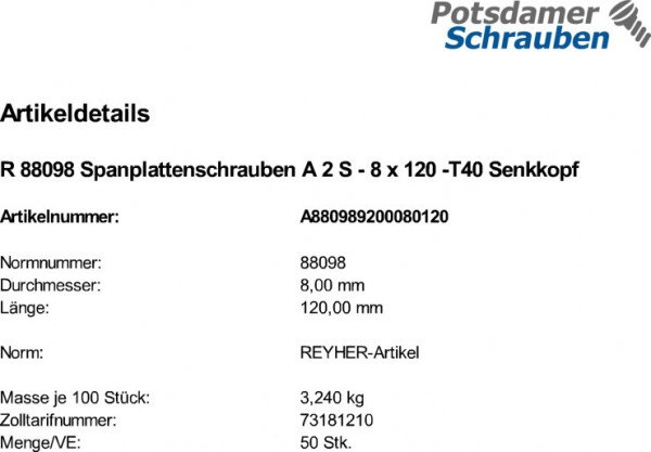 50 Edelstahl V2A Senkkopf Spanplattenschrauben A2 TX 8x120 TORX