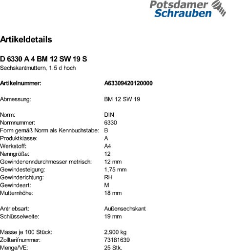 25 Sechskantmuttern DIN 6330 A4 BM12 SW 19 V4A Edelstahl