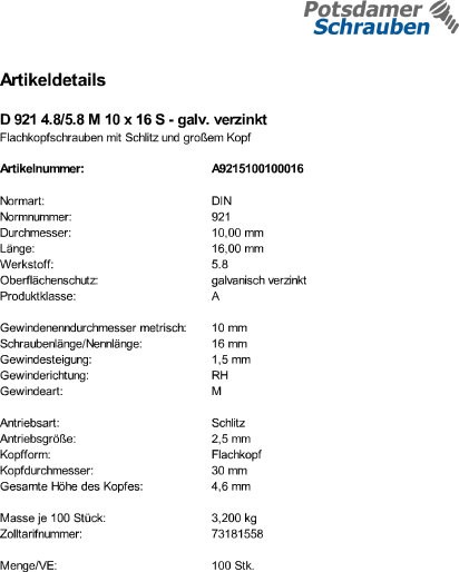 100 Flachkopfschrauben DIN 921 4.8 / 5.8 M10x16 verzinkt Stahl