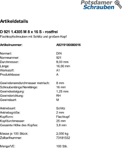 100 Flachkopfschrauben DIN 921 1.4305 M8x16 rostfrei A1 Edelstahl