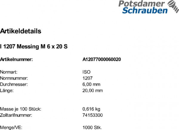 1000 Schlitz Zylinderschrauben ISO 1207 Messing M6x20