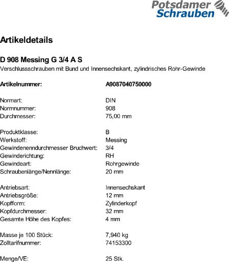 25 Verschlußschrauben DIN 908 Messing G 3/4 A Ms