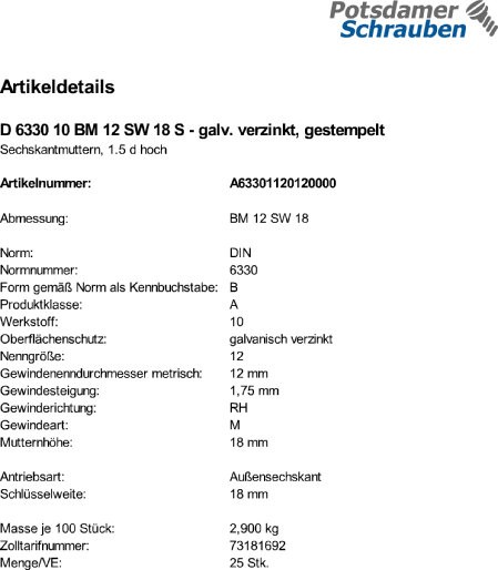 25 Sechskantmuttern DIN 6330 10 BM12 SW 18 verzinkt, gestempelt Stahl