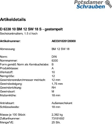 25 Sechskantmuttern DIN 6330 10 BM12 SW 18 gestempelt Stahl