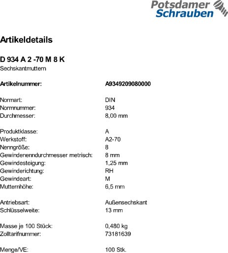 100 Edelstahl V2A Sechskantmuttern DIN 934 A2 -70 M8