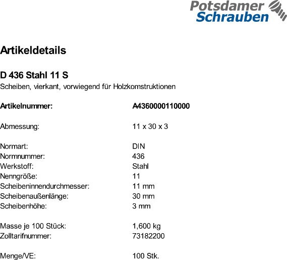 100 Scheiben DIN 436 Stahl 11