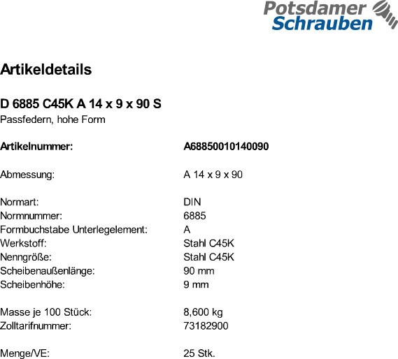25 Passfedern DIN 6885 C45K A 14x9x90 Stahl