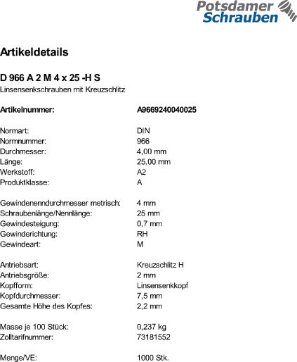 1000 Edelstahl V2A Linsensenkschrauben DIN 966 A2 -H M4x25