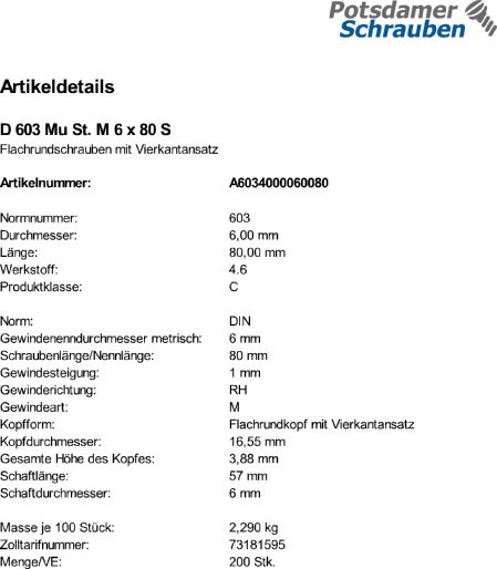 200 Schloßschrauben + Mutter DIN 603 M6x80