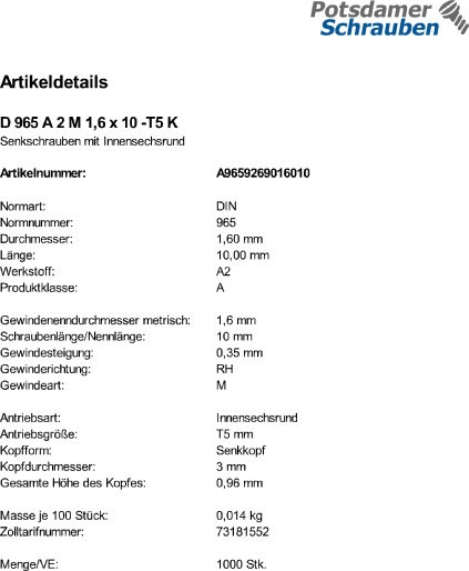 1000 Edelstahl V2A Torx Senkschrauben DIN 965 TX A2 M1,6x10