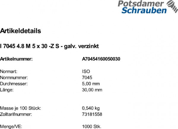 1000 Krz. Linsenkopfschrauben ISO 7045 4.8 -Z verzinkt M5x30