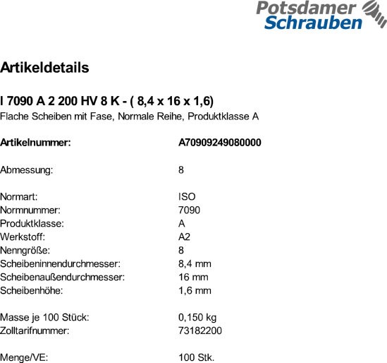 100 Edelstahl V2A Unterlegscheiben ISO 7090 A2 M8 ( 8,4x16x1,6)