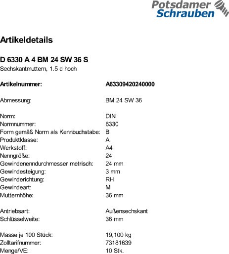10 Sechskantmuttern DIN 6330 A4 BM24 SW 36 V4A Edelstahl