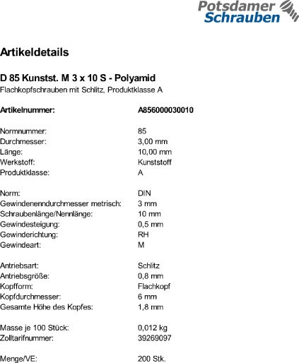 200 Flachkopfschrauben DIN 85 Polyamid M3x10