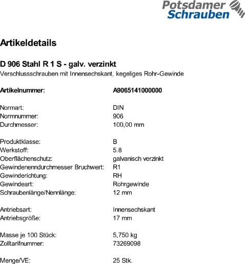 25 Verschlußschrauben DIN 906 Stahl R 1 verzinkt