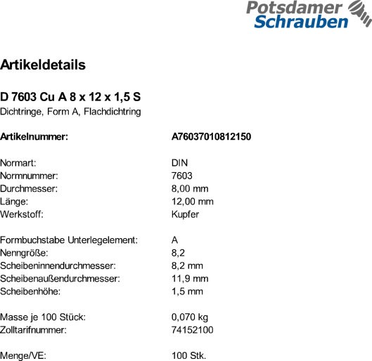 100 Kupfer Dichtringe DIN 7603 Form A 8x12x1,5