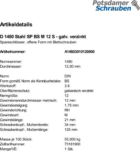 1 Spannschlösser DIN 1480 Stahl SP BS M12 verzinkt