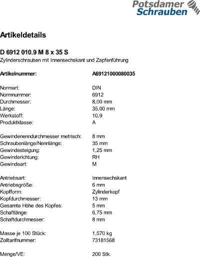 200 Innensechskant Zylinderschrauben niedrig DIN 6912 10.9 schwarz M8x35