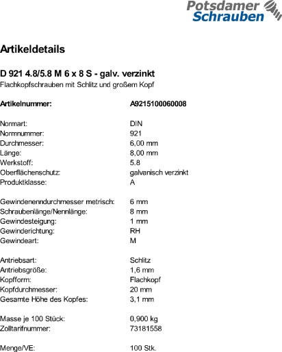 100 Flachkopfschrauben DIN 921 4.8 / 5.8 M6x8 verzinkt Stahl