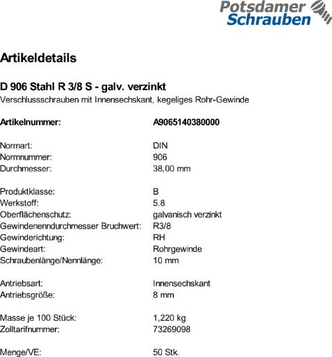 50 Verschlußschrauben DIN 906 Stahl R 3/8 verzinkt
