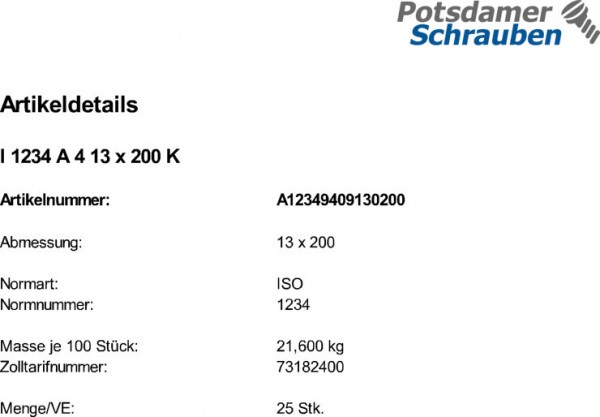 25 Edelstahl V4A Splinte ISO 1234 A4 13x200