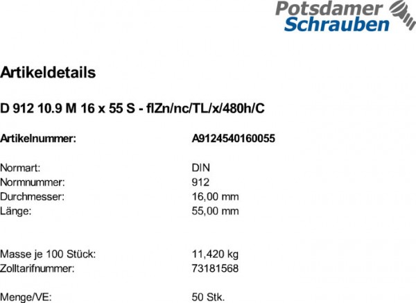 50 Innensechskant Zylinderkopfschrauben DIN 912 10.9 M16x55 zinklamellenbeschichtet
