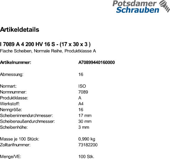 100 Edelstahl V4A Unterlegscheiben ISO 7089 A4 M16 (17x30x3 )