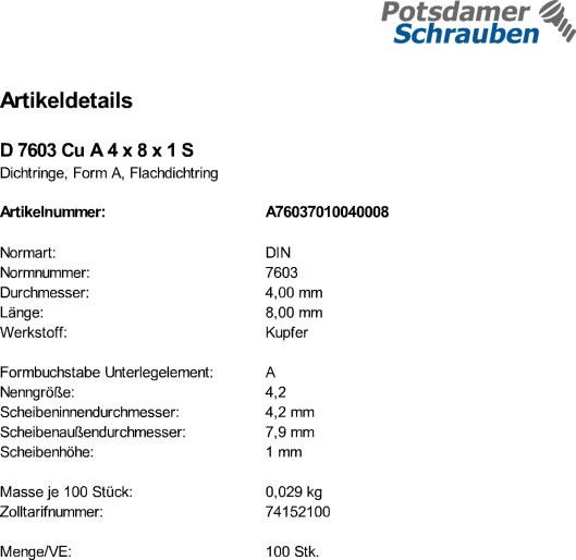 100 Kupfer Dichtringe DIN 7603 Form A 4x8x1