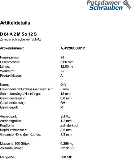 500 Edelstahl V2A Schlitz Zylinderschrauben DIN 84 A2 M5x12