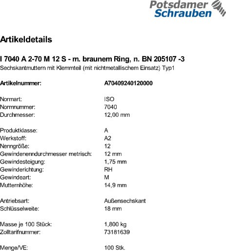 100 Sechskantmuttern ISO 7040 A2-70 M12 m. brauneMRing, n. BN 205107 -3 V2A Edelstahl
