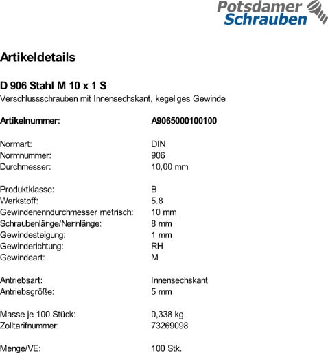 100 Verschlußschrauben DIN 906 Stahl M10x1