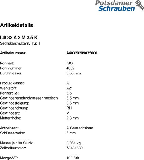 100 Edelstahl V2A Sechskantmuttern ISO 4032 A2 M3,5