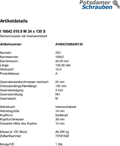 1 Innensechskant Senkkopfschrauben eh. DIN 7991 10.9 schwarz M24x130
