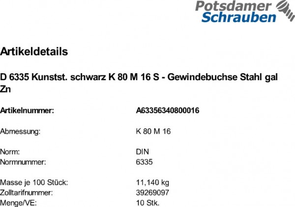 10 Kreuzgriffe DIN 6335 Kunststoff schwarz K 80 M16 Gewindebuchse Stahl KU-St