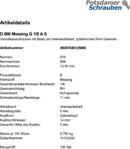100 Verschlußschrauben DIN 908 Messing G 1/8 A Ms